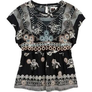 Johnny Was Biya Silk Embroidered Blouse Large Black Floral Tie Back Boho Tunic